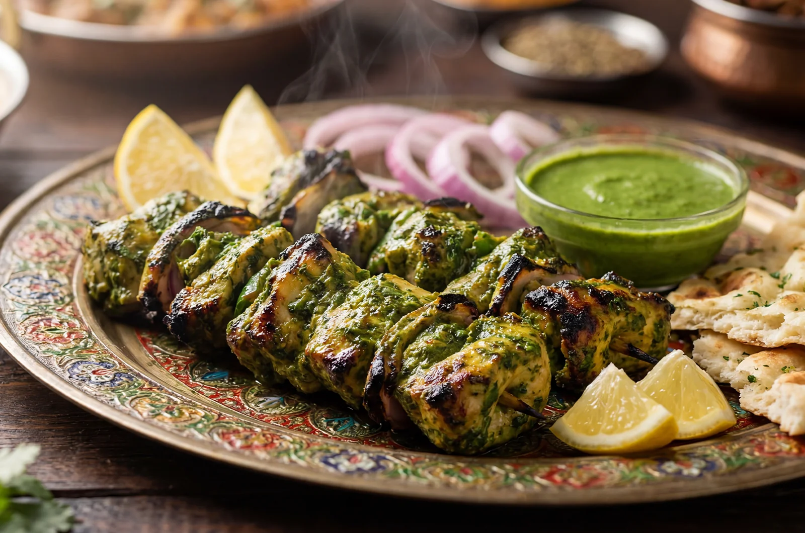 Chicken Tikka presented on a plate with lime wedge and onion and chatni on the side